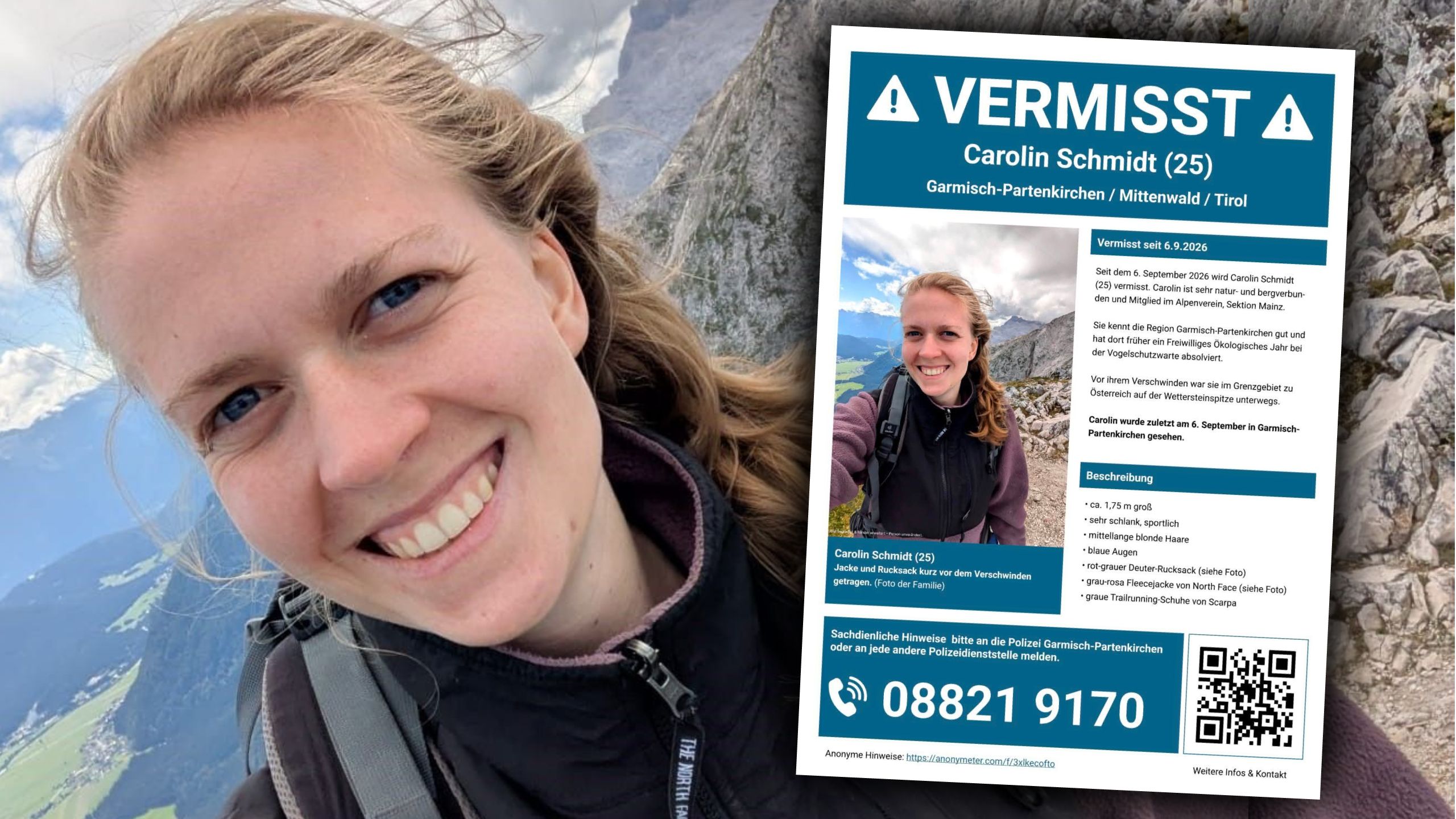 Carolin Schmidt (25) wird seit einer Bergwanderung im bayrisch-tirolerischen Alpen-Grenzgebiet vermisst.
