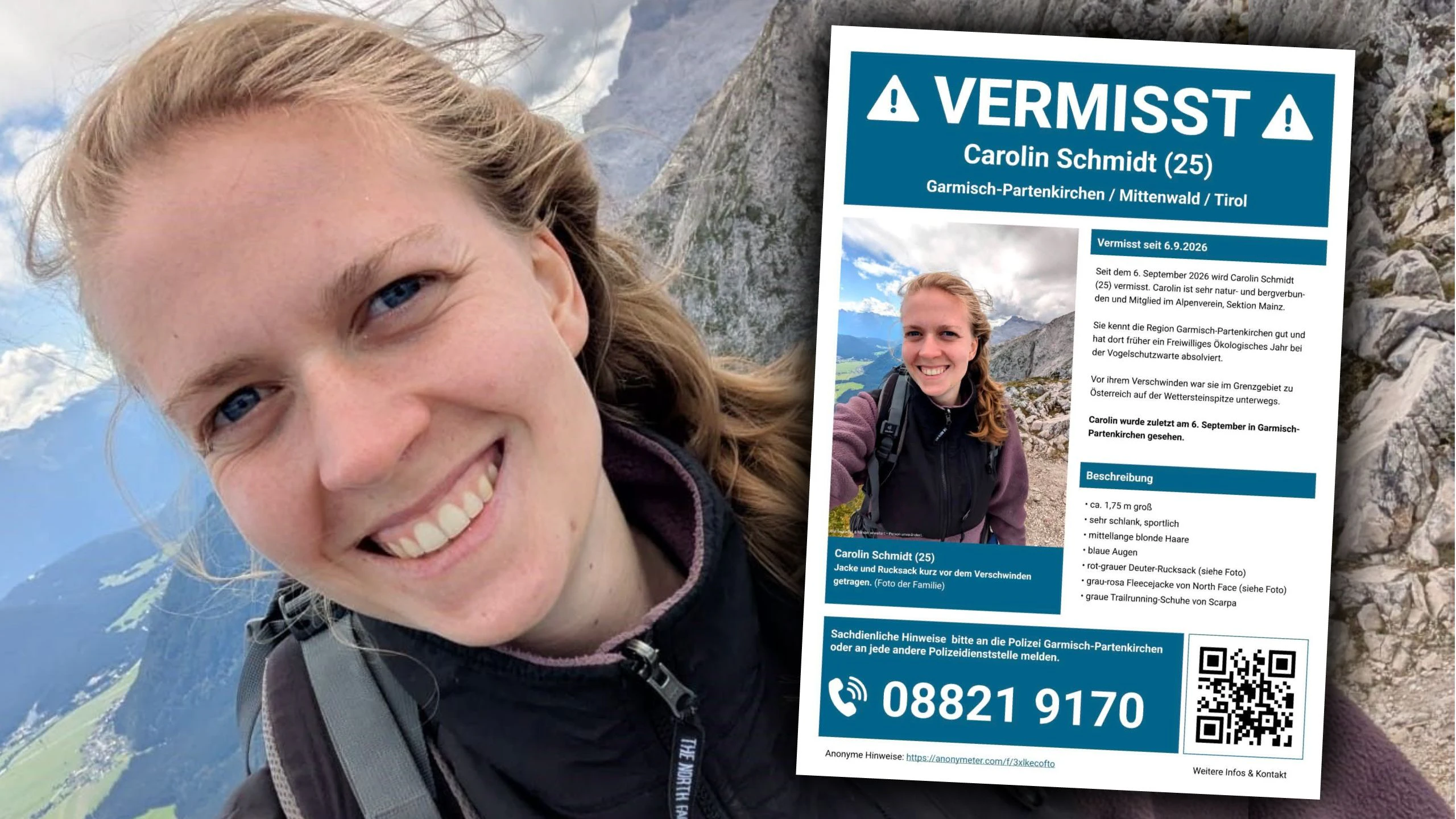 Carolin Schmidt (25) wird seit einer Bergwanderung im bayrisch-tirolerischen Alpen-Grenzgebiet vermisst.