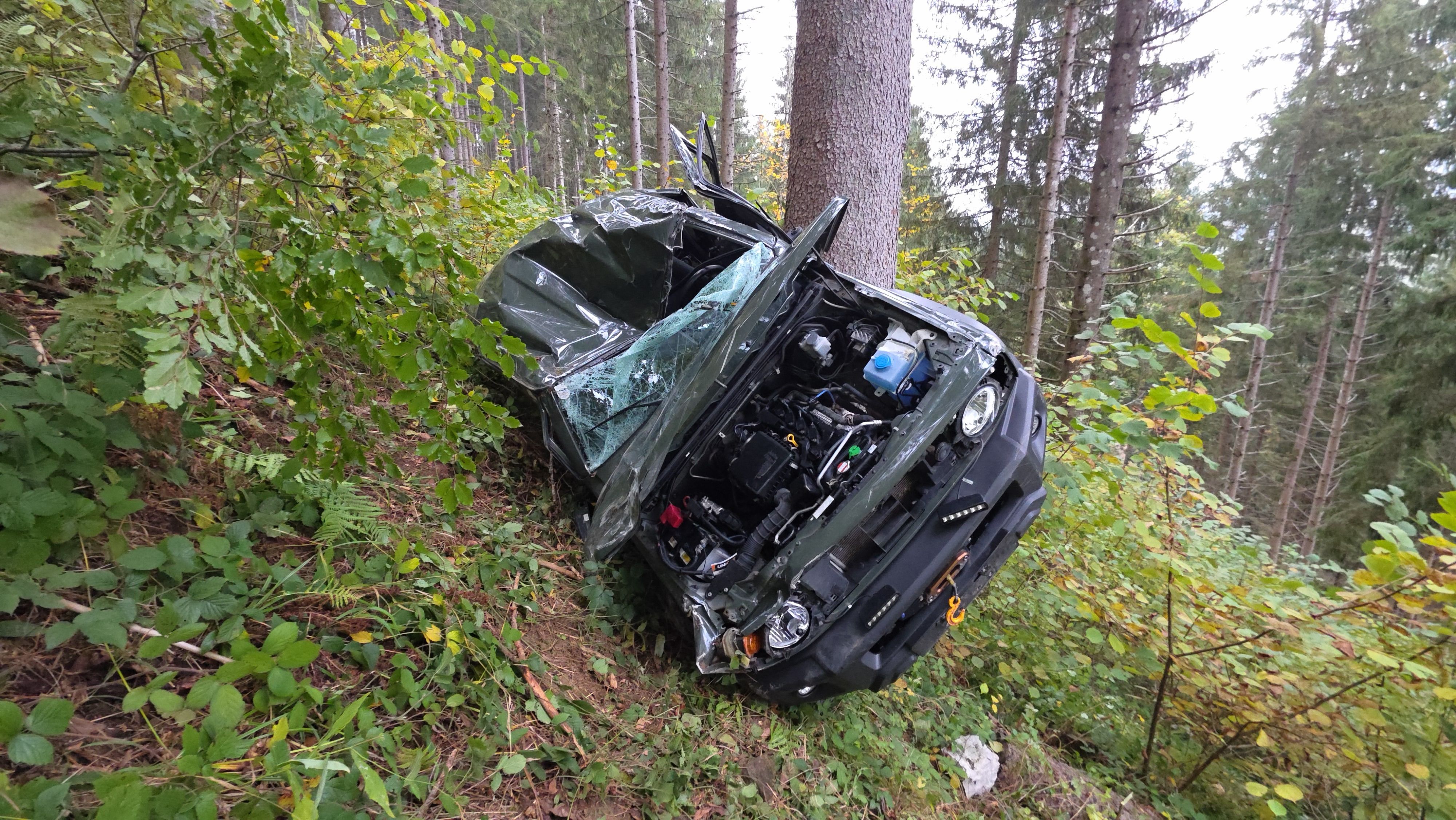 Ein Autolenker kam mit seinem Pkw aus noch ungeklärter Ursache von einer Forststraße ab und stürzte einen steilen, bewaldeten Berghang hinunter.