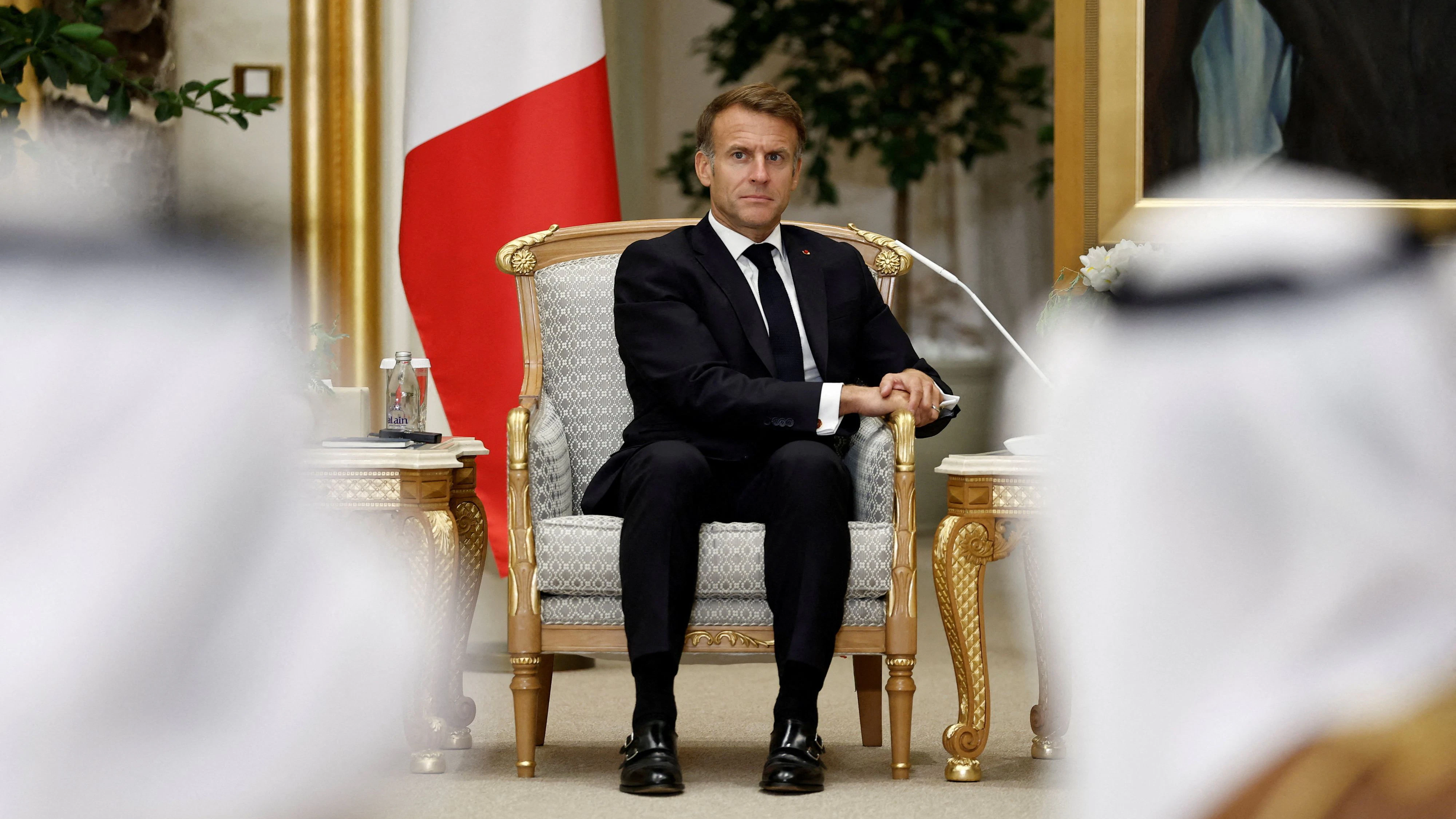 French President Emmanuel Macron attends a meeting with Sheikh Mohamed bin Zayed Al Nahyan, President of the United Arab Emirates (UAE), (not seen) at Qasr Al Watan presidential palace in Abu Dhabi, United Arab Emirates, October 19, 2026. REUTERS/Benoit Tessier/Pool     TPX IMAGES OF THE DAY     