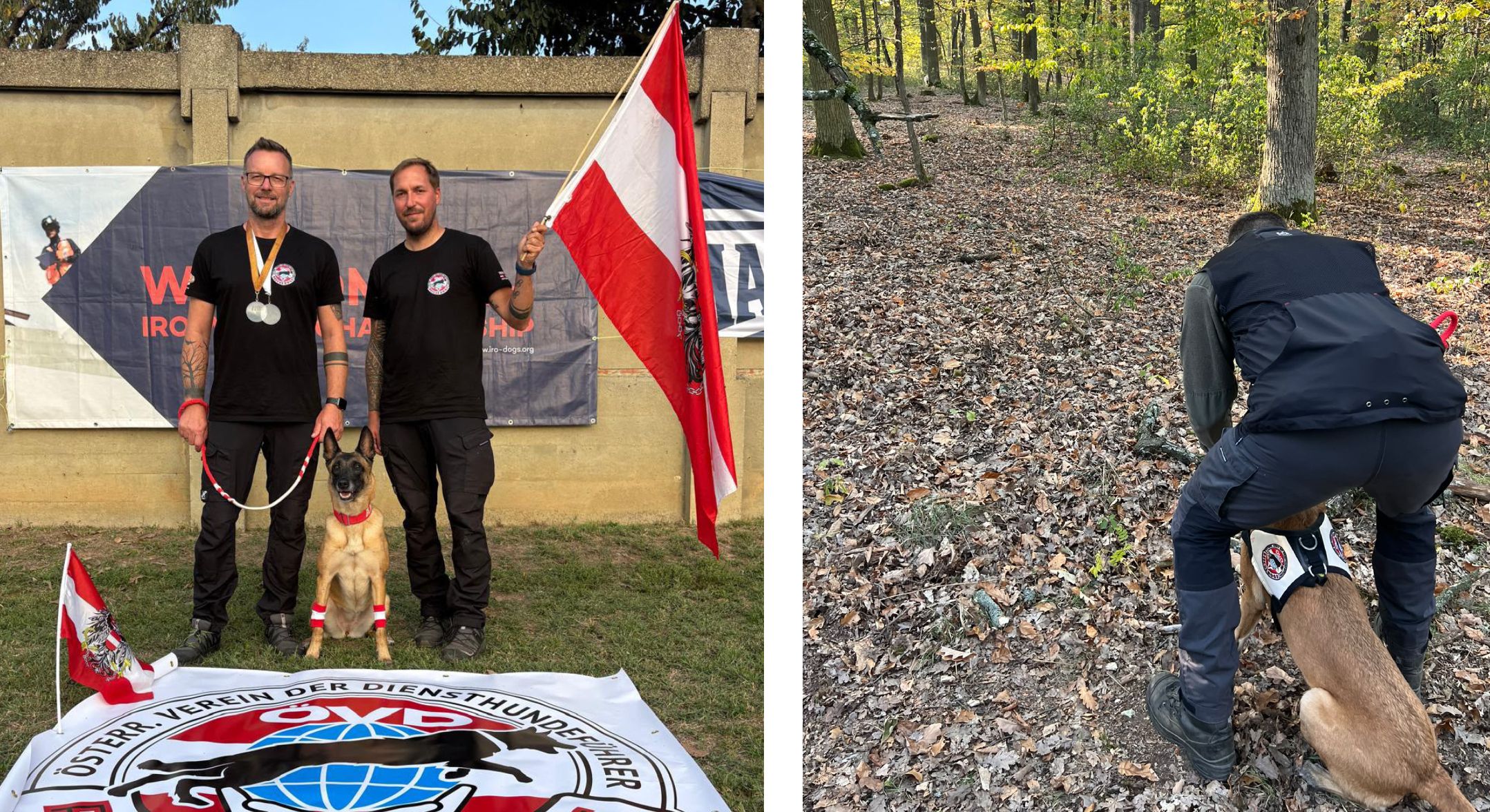 Thomas Kölbl gewann mit Anuk in der Flächensuche die Silbermedaille, posierte stolz mit Trainer und Mann Daniel Oeler am WM-Treppchen.