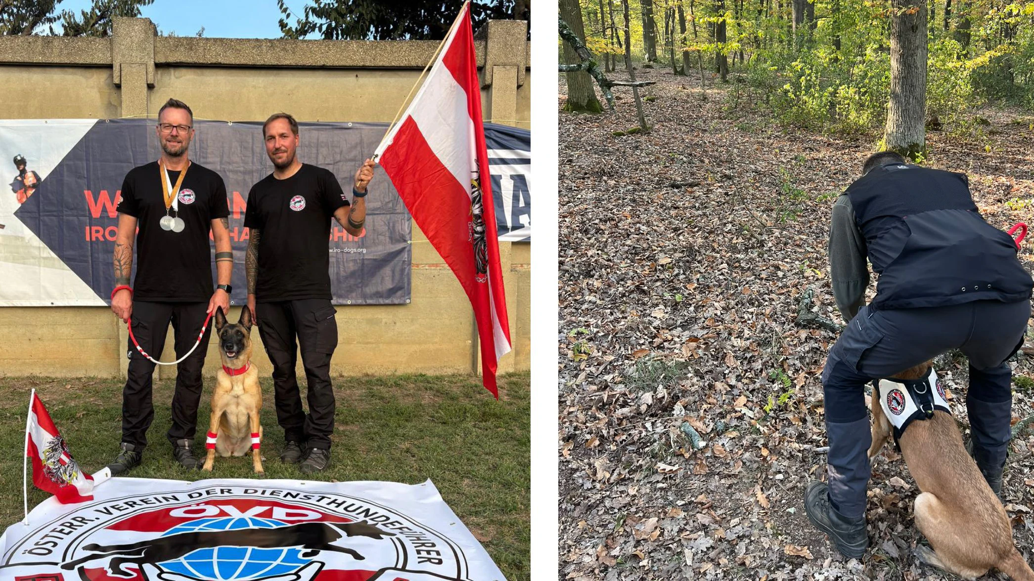 Thomas Kölbl gewann mit Anouk in der Flächensuche die Silbermedaille, posierte stolz mit Trainer und Mann Daniel Oeler am WM-Treppchen.