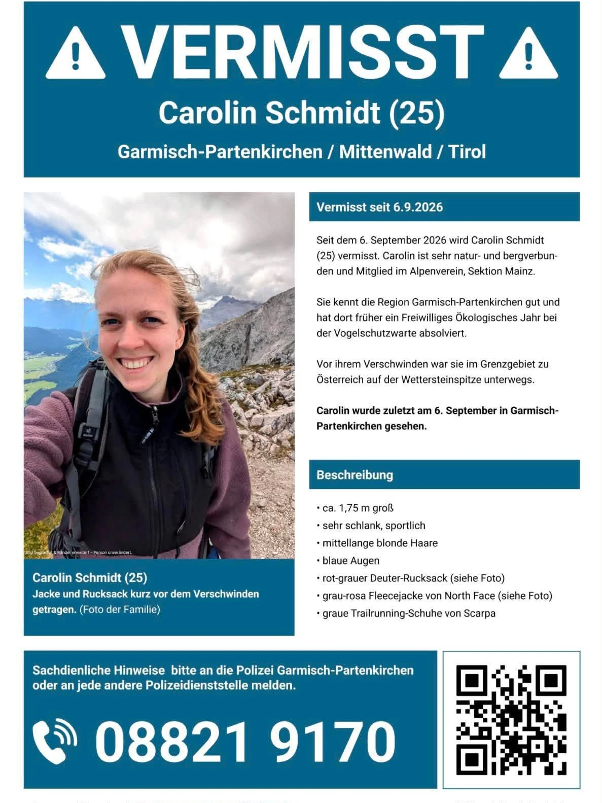 Eines der Vermisstenplakate, die auf der Suche nach Carolin Schmidt verbreitet werden.