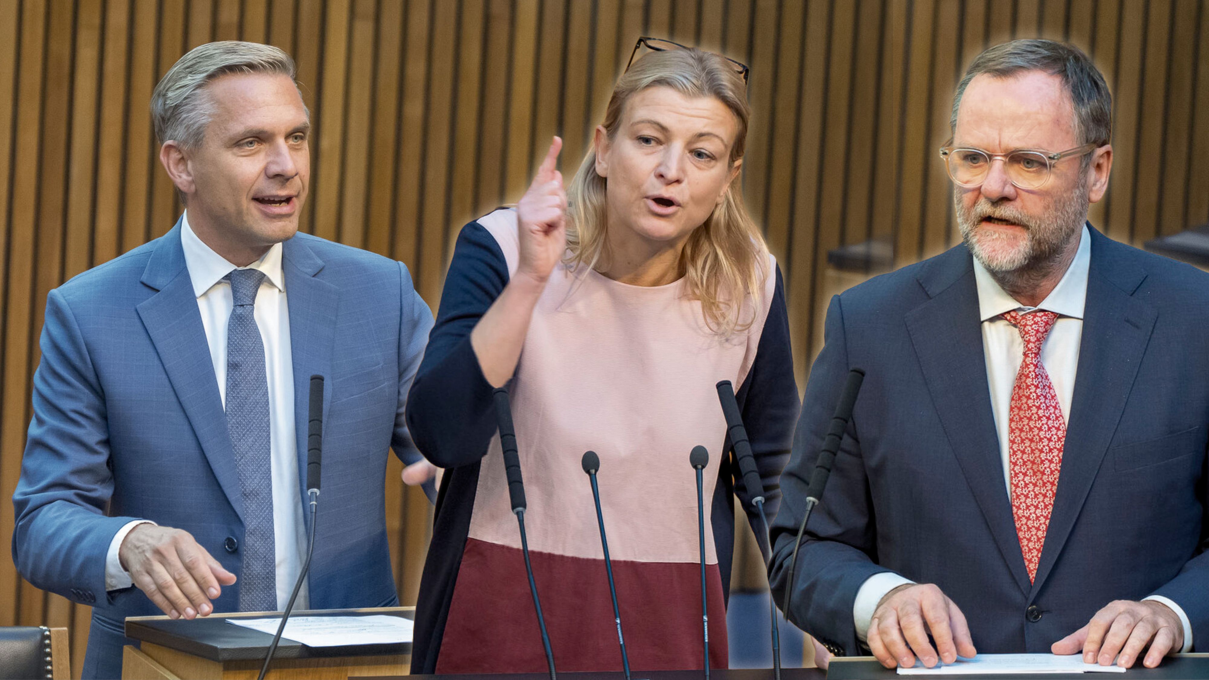 Der für die Ladenöffnungszeiten zuständige Wirtschaftsminister Hattmannsdorfer (ÖVP, l.), GPA-Chefin Teiber ist gegen eine Verlängerung, Neos-Staatssekretär Schellhorn dafür.