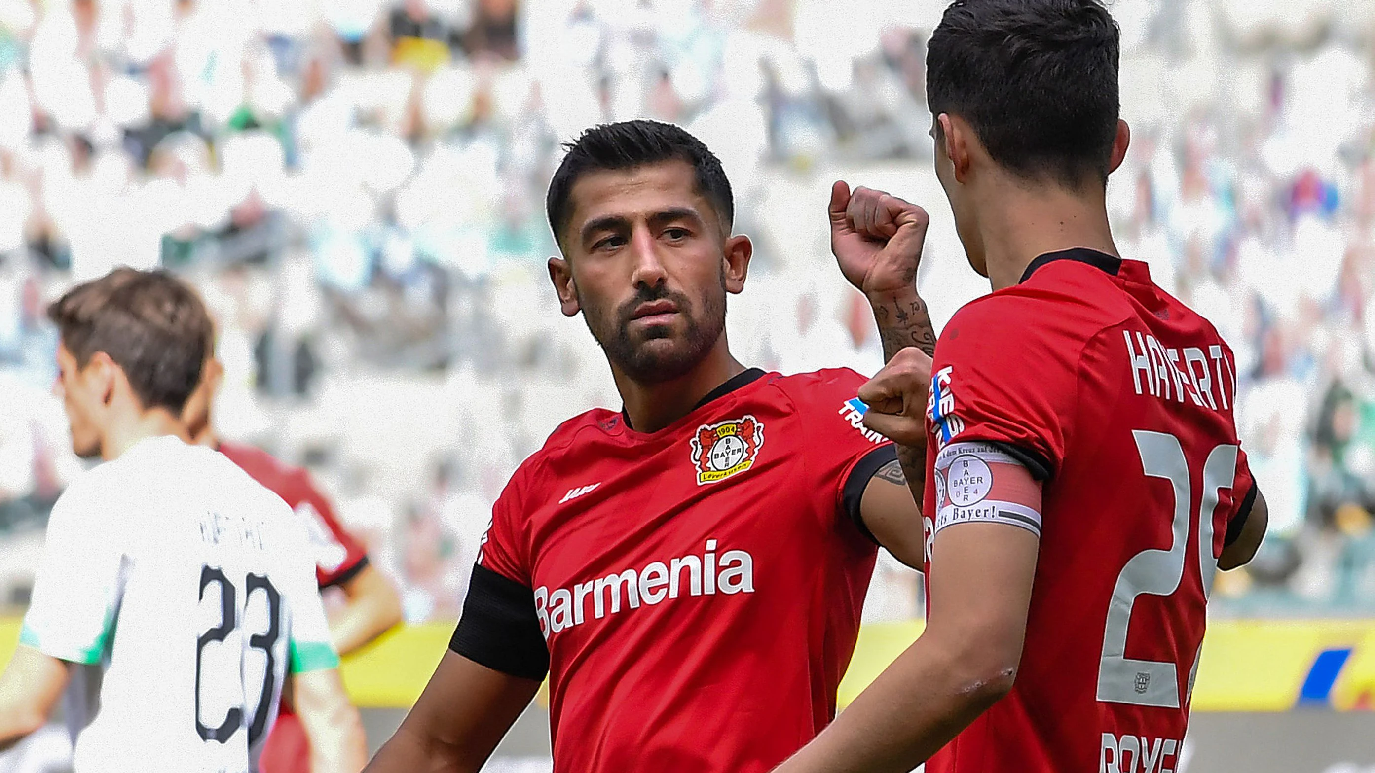 MOENCHENGLADBACH,GERMANY,23.MAY.20 - SOCCER - 1. DFL, 1. Deutsche Bundesliga, Borussia Moenchengladbach vs Bayer 04 Leverkusen. Image shows the rejoicing of Kerem Demirbay and Kai Havertz (Leverkusen). Photo: GEPA pictures/ MaikHoelter/ Team2/POOL via Witters - ATTENTION - COPYRIGHT FOR AUSTRIAN CLIENTS ONLY - DFL regulations prohibit any use of photographs as image sequences and/or quasi-video - Editorial Use ONLY