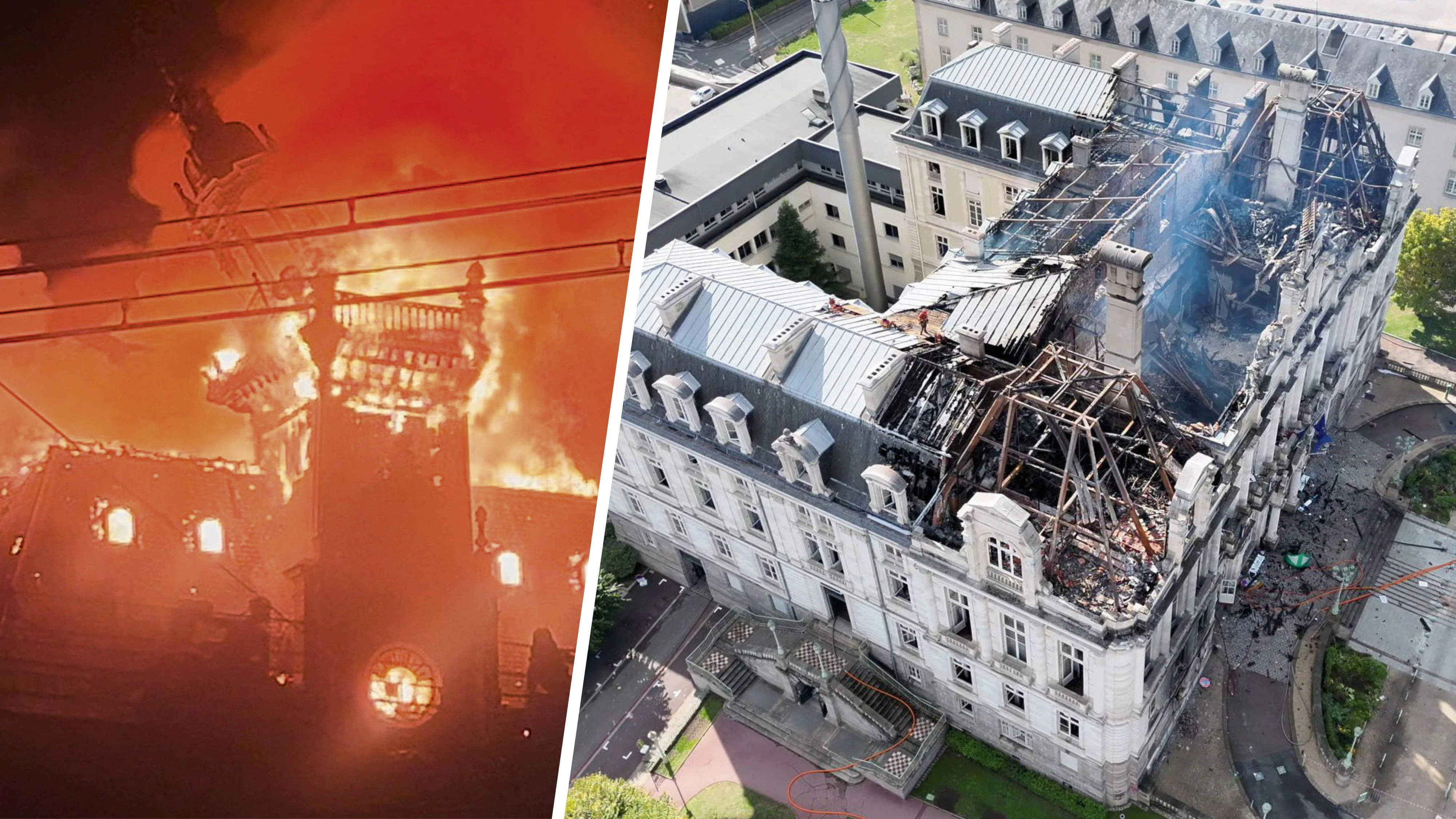 Flammen-Inferno in Frankreich: Das historische Rathaus von Limoges stand lichterloh in Flammen (links). Nach dem Brand blieb ein Bild der Verwüstung zurück.