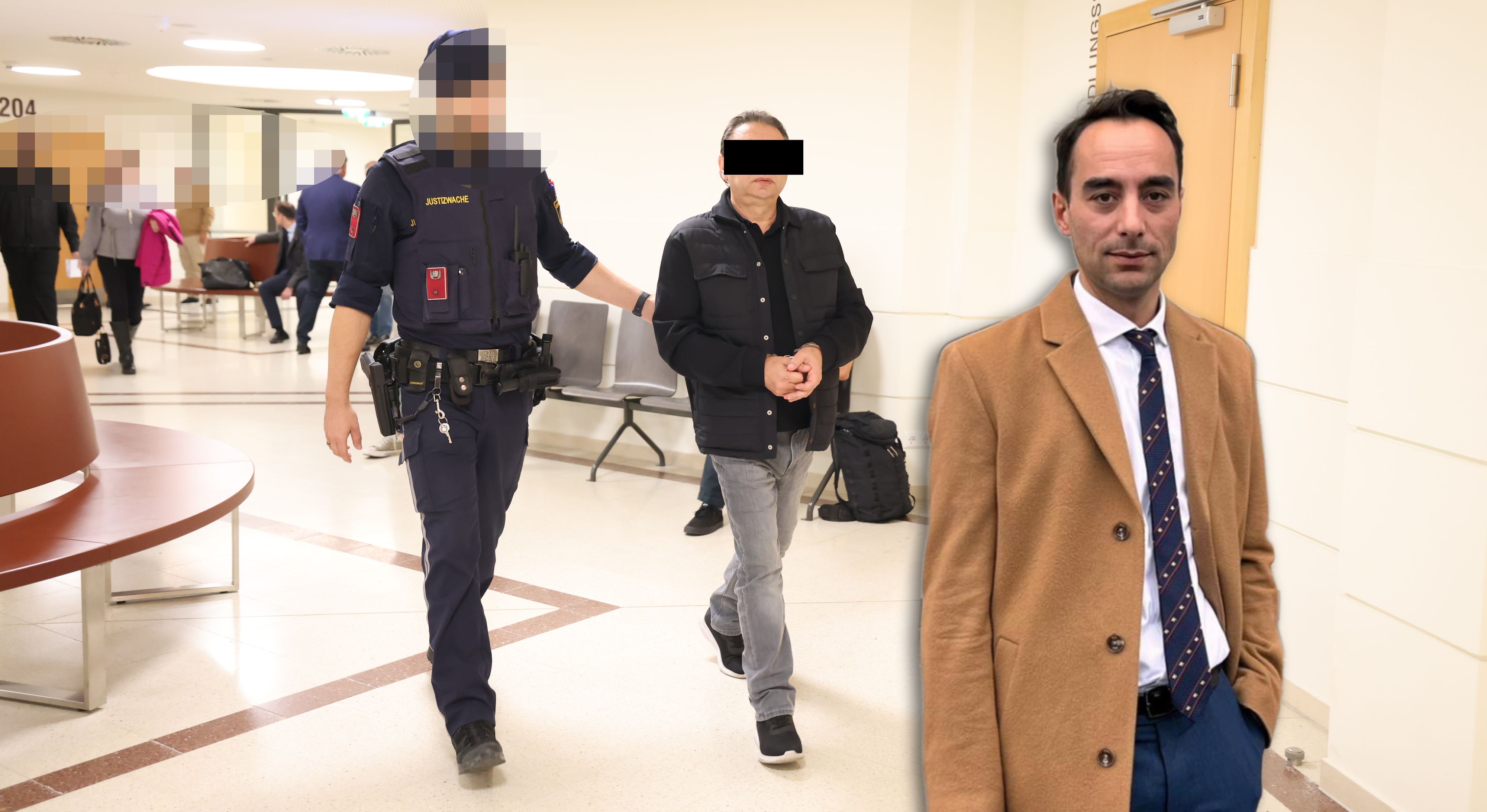 Der notorische Autobetrüger vor seiner Verhandlung; sein Anwalt David Jodlbauer.