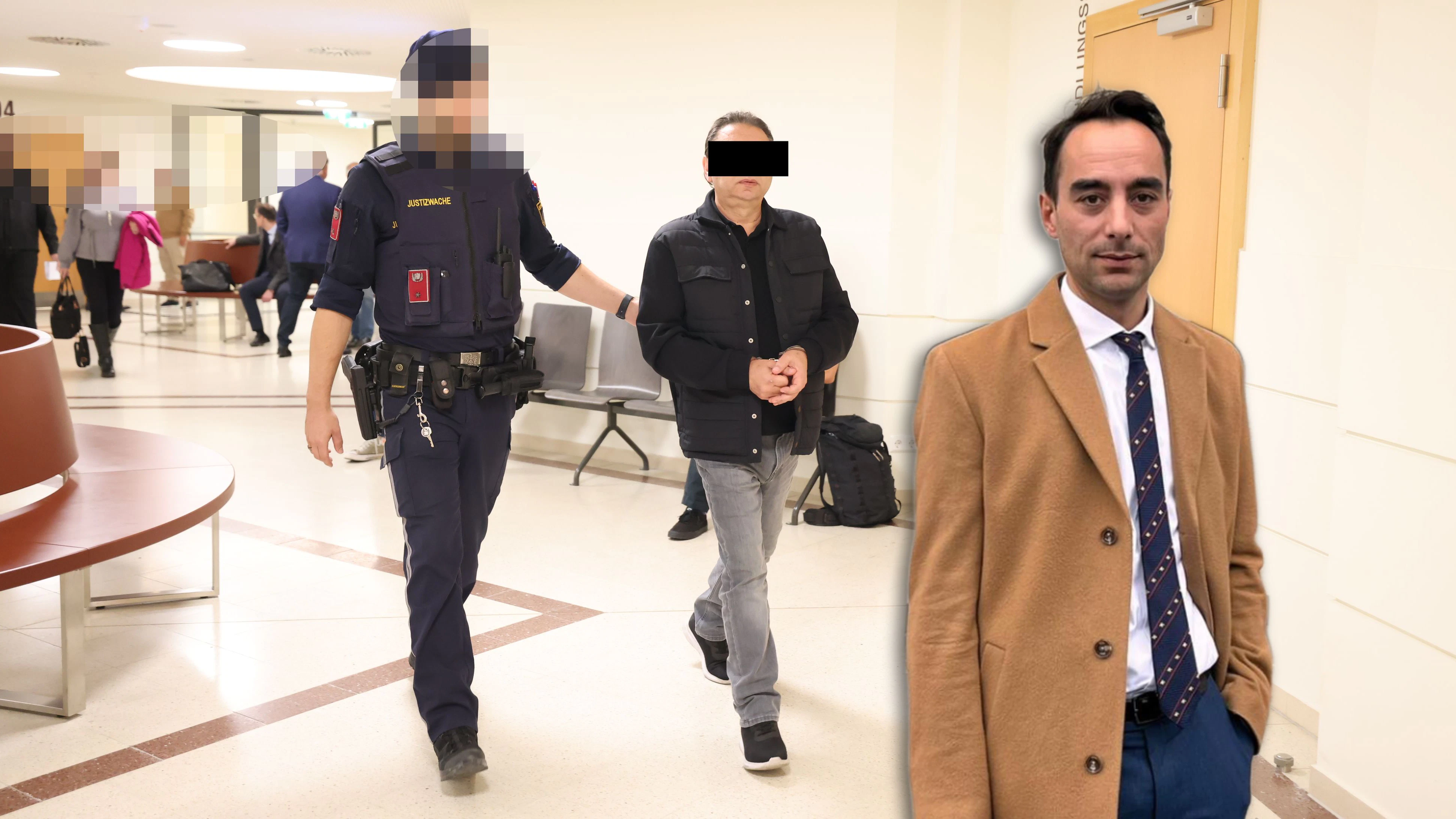 Der notorische Autobetrüger vor seiner Verhandlung; sein Anwalt David Jodlbauer.