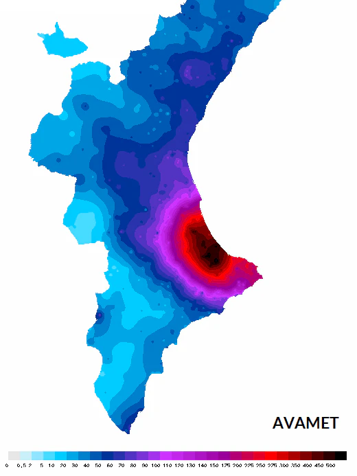 Örtlich sind innerhalb von 48 Stunden in der Valencianischen Gemeinschaft extreme Regenmengen gefallen. An mehreren Stationen südlich von Valencia wurden mehr als 600 mm gemessen. Das Epizentrum der Sintflut (schwarz) lag rund um die Geneinde Gandia