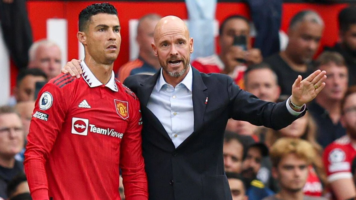 Mandatory Credit: Photo by Paul Currie/Shutterstock 13360385fs Cristiano Ronaldo of Manchester United, ManU and manager Erik ten Hag Manchester United v Arsenal, Premier League, Football, Old Trafford, Manchester, UK - 04 Sep 2022 EDITORIAL USE ONLY No use with unauthorised audio, video, data, fixture lists, club/league logos or live services. Online in-match use limited to 120 images, no video emulation. No use in betting, games or single club/league/player publications. Manchester United v Arsenal, Premier League, Football, Old Trafford, Manchester, UK - 04 Sep 2022 EDITORIAL USE ONLY No use with unauthorised audio, video, data, fixture lists, club/league logos or live services. Online in-match use limited to 120 images, no video emulation. No use in betting, games or single club/league/player publications. PUBLICATIONxINxGERxSUIxAUTXHUNxGRExMLTxCYPxROMxBULxUAExKSAxONLY Copyright: xPaulxCurrie/Shutterstockx 13360385fs 