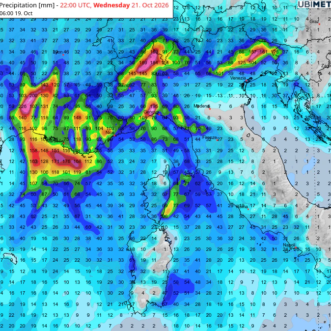 Bis einschließlich Mittwoch sind im westlichen Mittelmeerraum weitere Unwetter zu erwarten. Jetzt trifft es Norditalien. Prognose der Regensummen bis inklusive Mittwoch vom ICON-Modell.