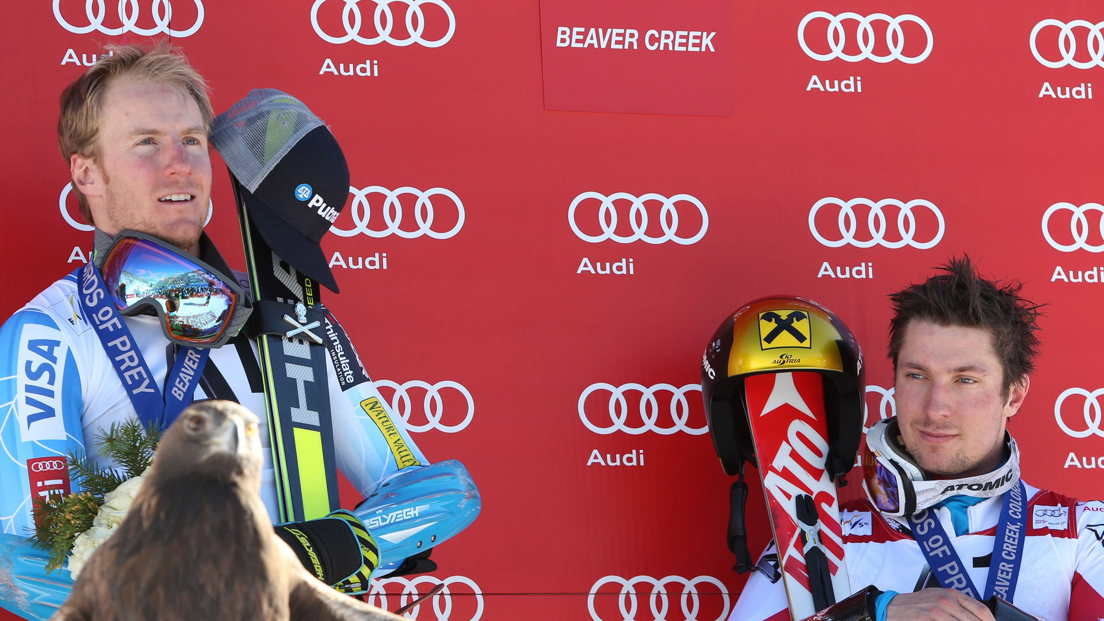 BEAVER CREEK,COLORADO,USA,07.DEC.14 - ALPINE SKIING - FIS World Cup, giant slalom men, award ceremony. Image shows Ted Ligety (USA) and Marcel Hirscher (AUT). Photo: GEPA pictures/ Andreas Pranter
