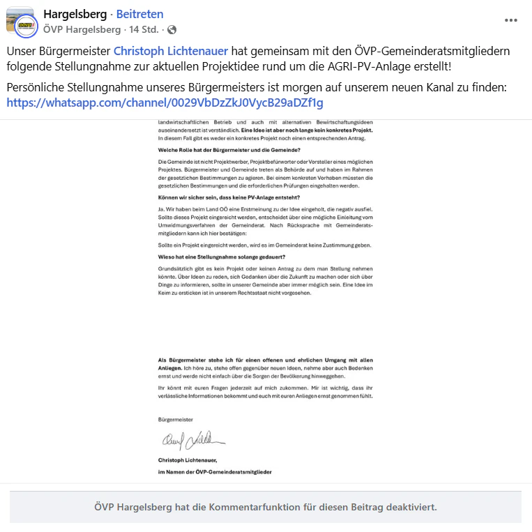 Der ÖVP-Bürgermeister machte seine Absage auch auf der <a rel="nofollow" href="https://www.facebook.com/groups/346842772459?multi_permalinks=10164957156617460&amp;hoisted_section_header_type=recently_seen">Ortsseite auf Facebook</a> öffentlich.