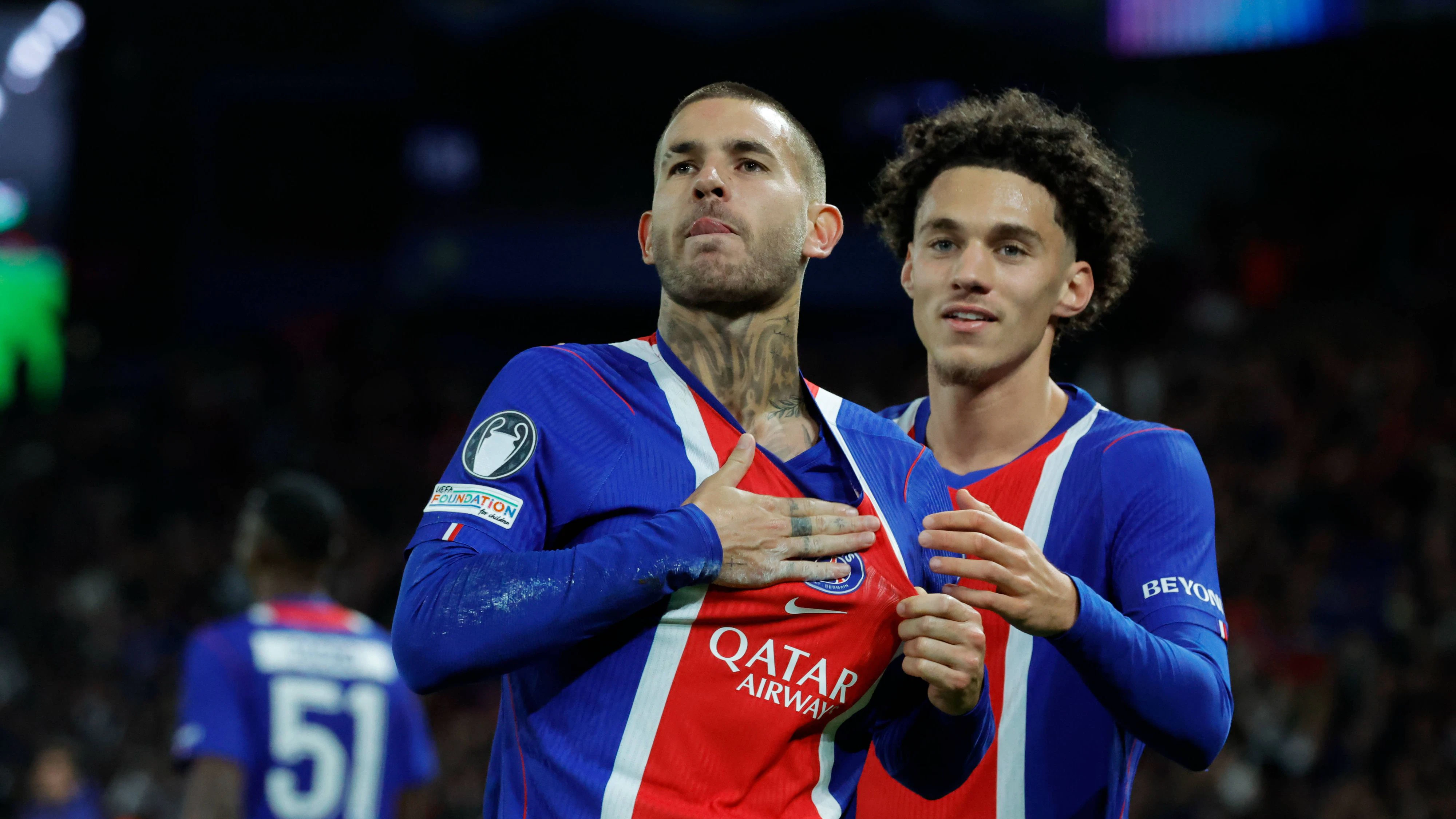 261021 -- PARIS, Oct. 21, 2026 -- PSG s Lucas Hernandez L celebrates during the UEFA Champion s League football match between Paris Saint Germain and Barcelona, Paris, France, Oct. 20, 2026. Photo by /Xinhua SP FRANCE-PARIS-FOOTBALL-UEFA CHAMPIONS LEAGUE-PSG VS BARCELONA HenrixSzwarc PUBLICATIONxNOTxINxCHN