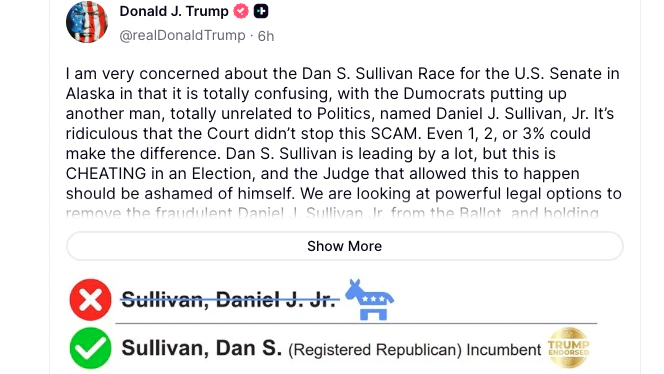 Donald Trump warnt auf Truth Social seine Anhänger in Alaska vor dem "falschen" Dan Sullivan.
