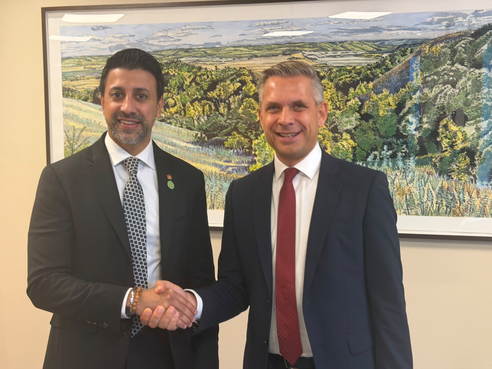 Wirtschaftsminister Wolfgang Hattmannsdorfer (ÖVP) mit kanadischen Handelsminister Maninder Sidhu in Dublin.