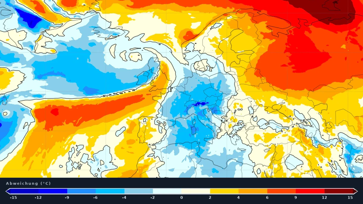 Die Großwetterlage anhand der Temparaturabweichung über Europa.