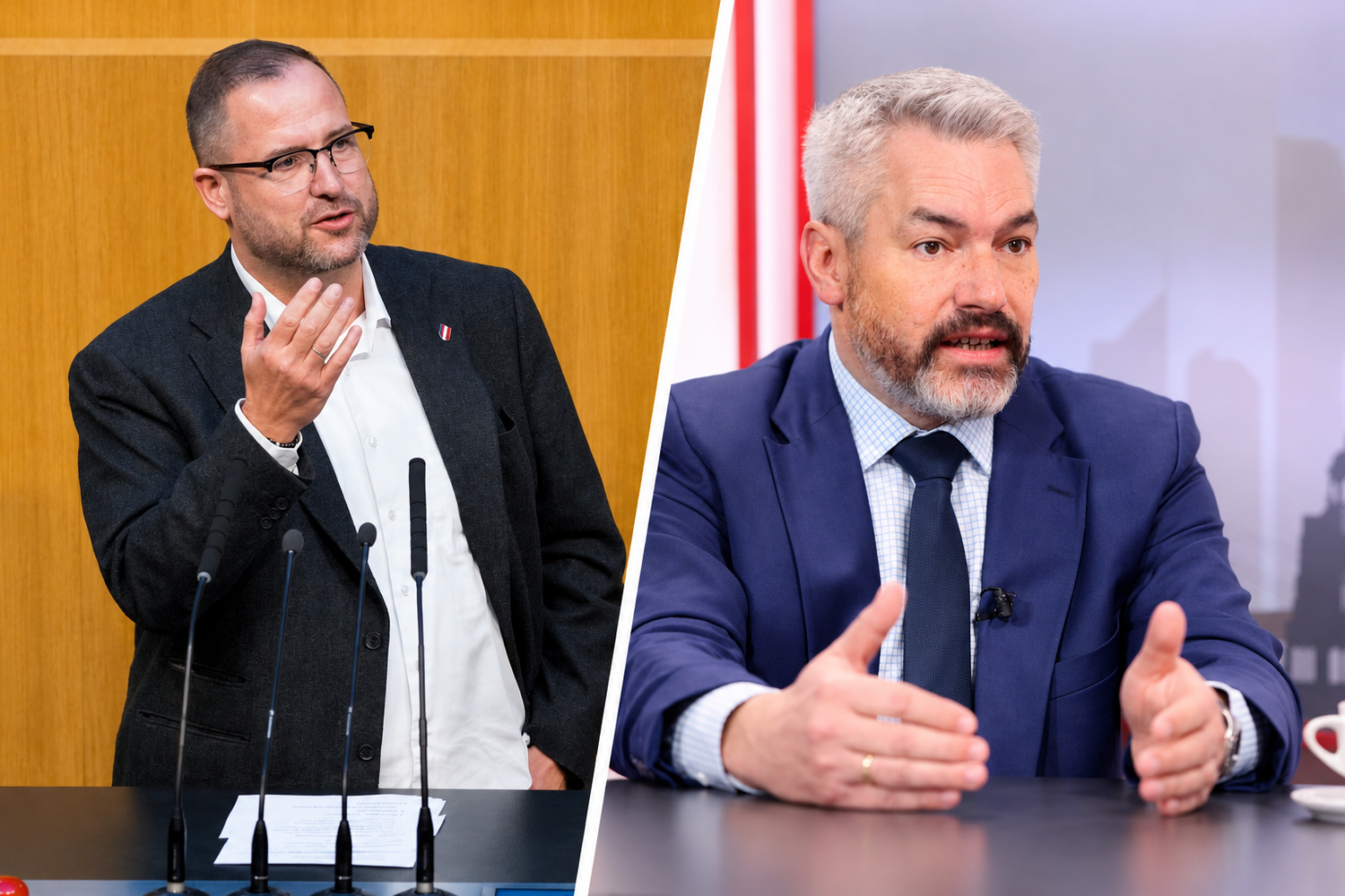 Zwischen Christian Hafenecker (FPÖ) und Ex-Kanzler Karl Nehammer fliegen die Fetzen.