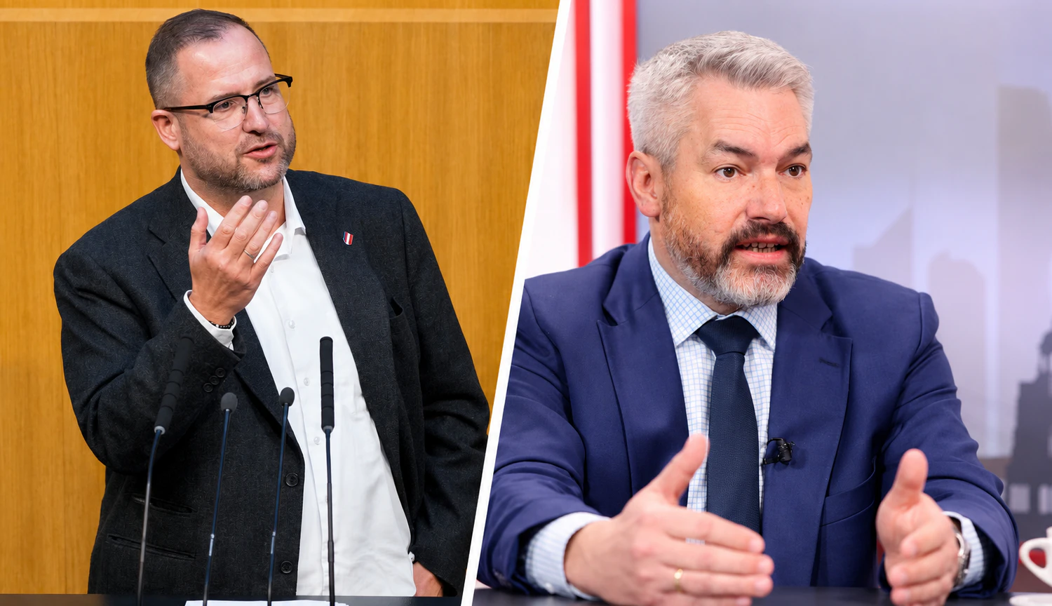Zwischen Christian Hafenecker (FPÖ) und Ex-Kanzler Karl Nehammer fliegen die Fetzen.