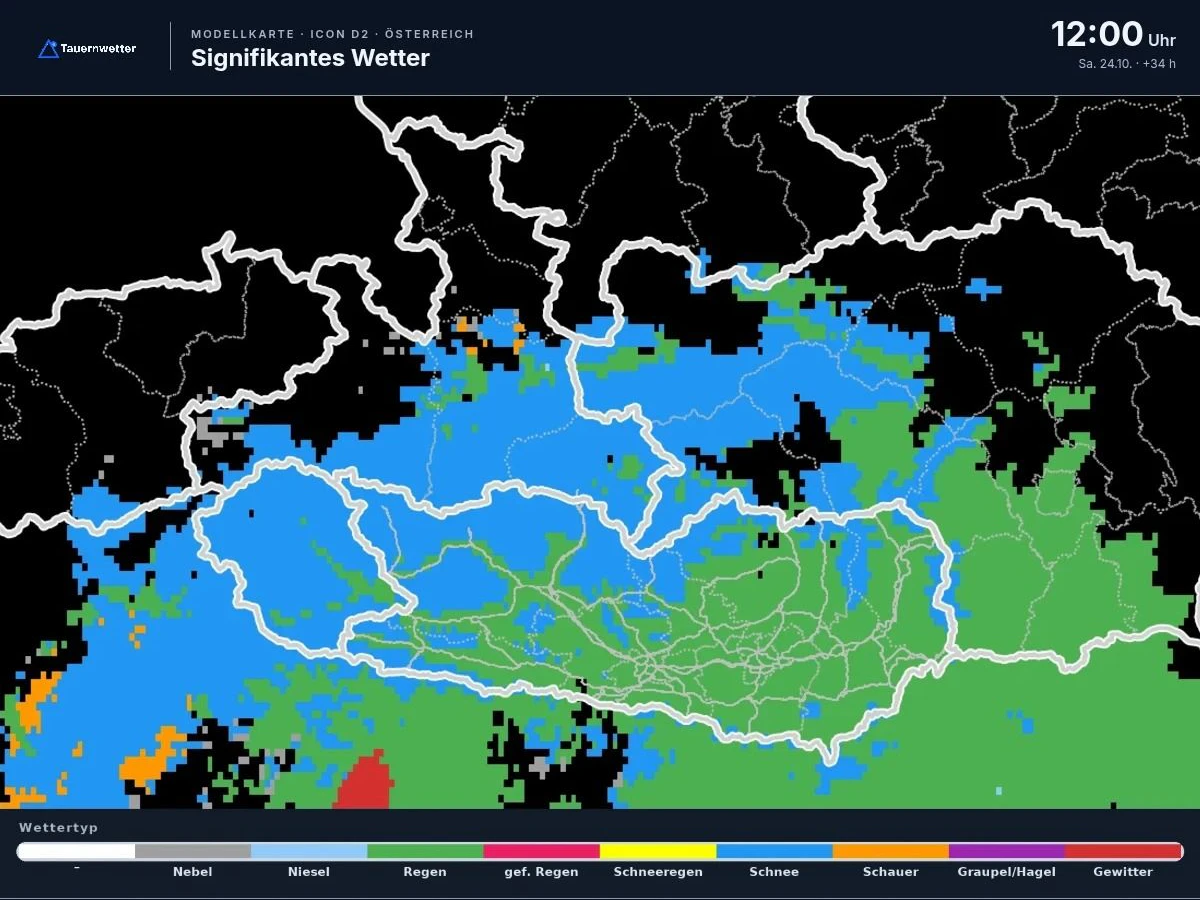 Signifikantes Wetter: Im blauen Bereich wird Schneefall erwartet, in Grün Regen.