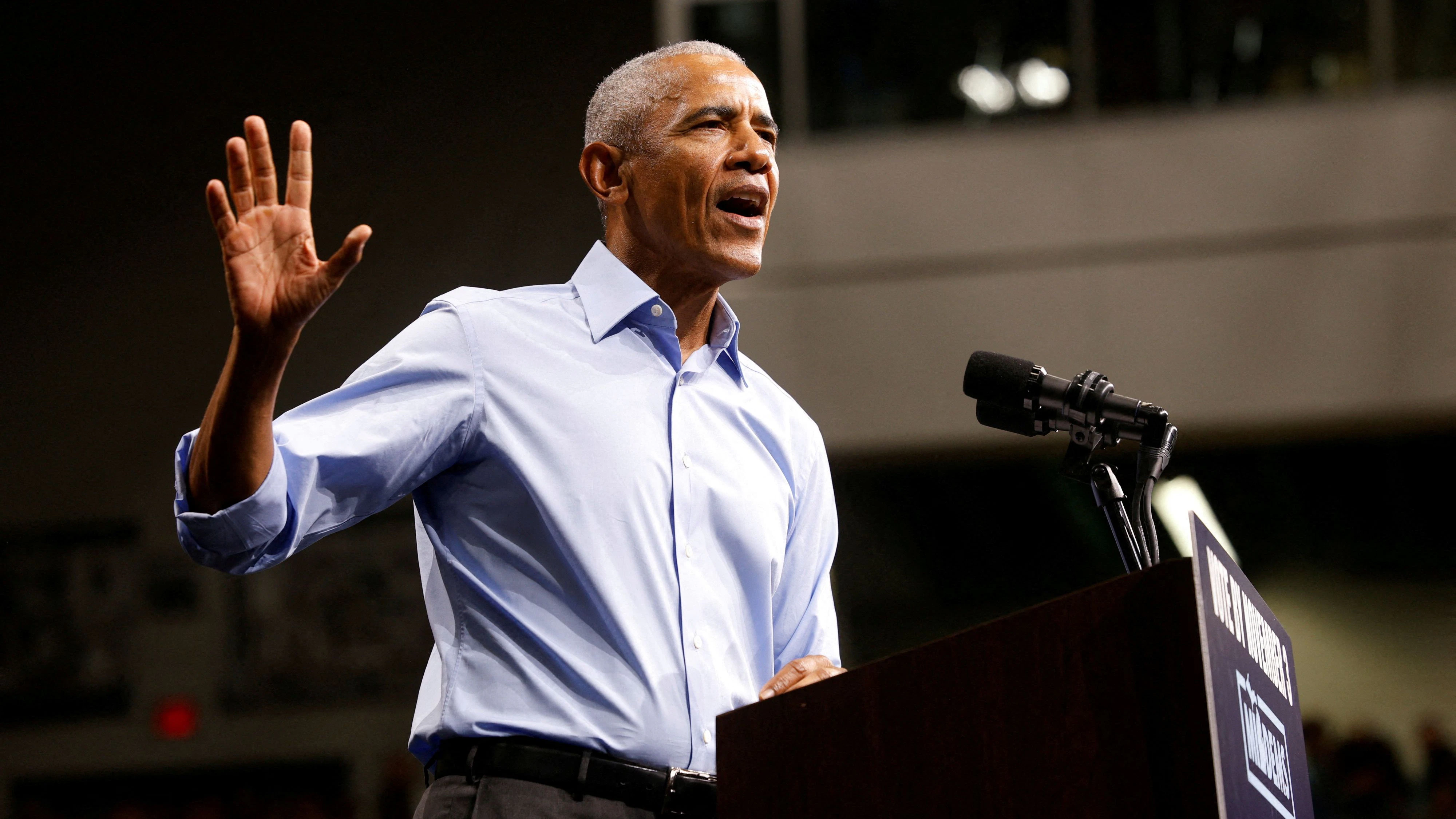 Former US President Barack Obama campaigns for Democratic US Senate nominee Abdul El-Sayed and Democratic gubernatorial candidate Jocelyn Benson at a rally in Detroit, Michigan, US October 24, 2026.  REUTERS/Rebecca Cook