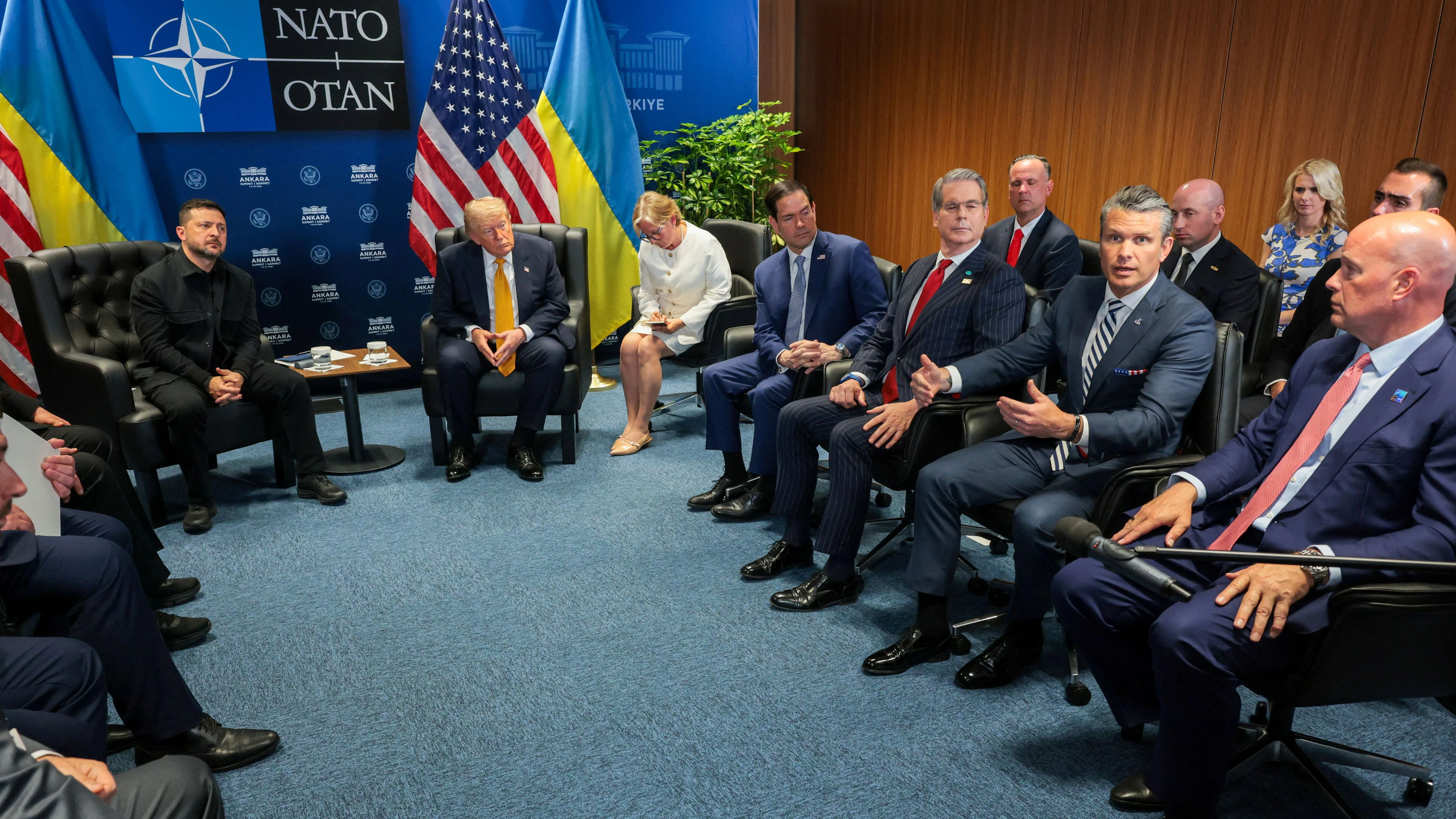 U.S. Defense Secretary Pete Hegseth speaks, with Treasury Secretary Scott Bessent and Secretary of State Marco Rubio next to him, as U.S. President Donald Trump takes part in a bilateral meeting with Ukrainian President Volodymyr Zelenskiy alongside the NATO leaders summit at the Bestepe Presidential Compound, in Ankara, Turkey, July 8, 2026. REUTERS/Jonathan Ernst
