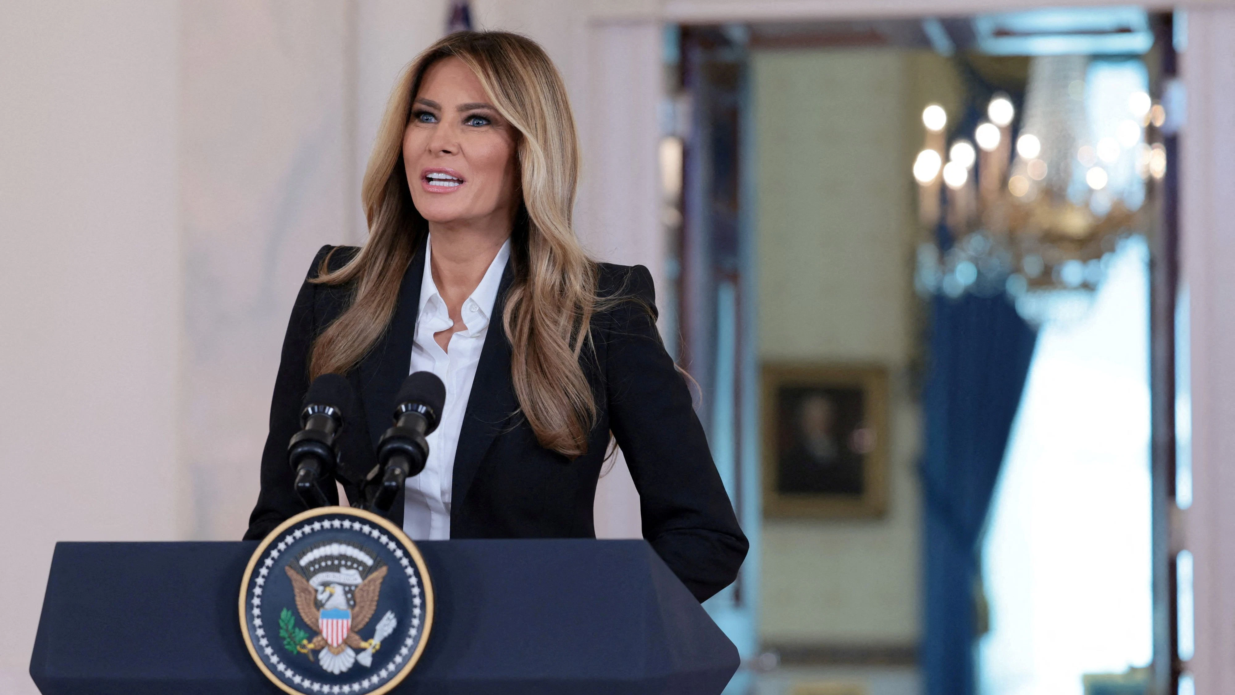 U.S. first lady Melania Trump makes an announcement about her and Russian President Vladimir Putin's communication regarding children impacted by the Russian war in Ukraine, from the Grand Foyer at the White House in Washington, D.C., U.S., October 10, 2025. REUTERS/Jessica Koscielniak
