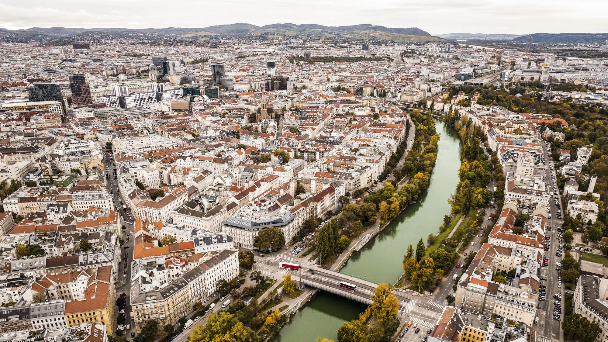 Drone photo of beautiful Vienna on autumn day.