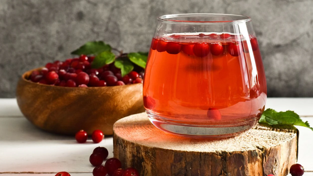 Glass Refreshing cocktail and bowl with cranberry and mint on Round wooden saw cut cylinder shape on a brown wooden table. Selective focus