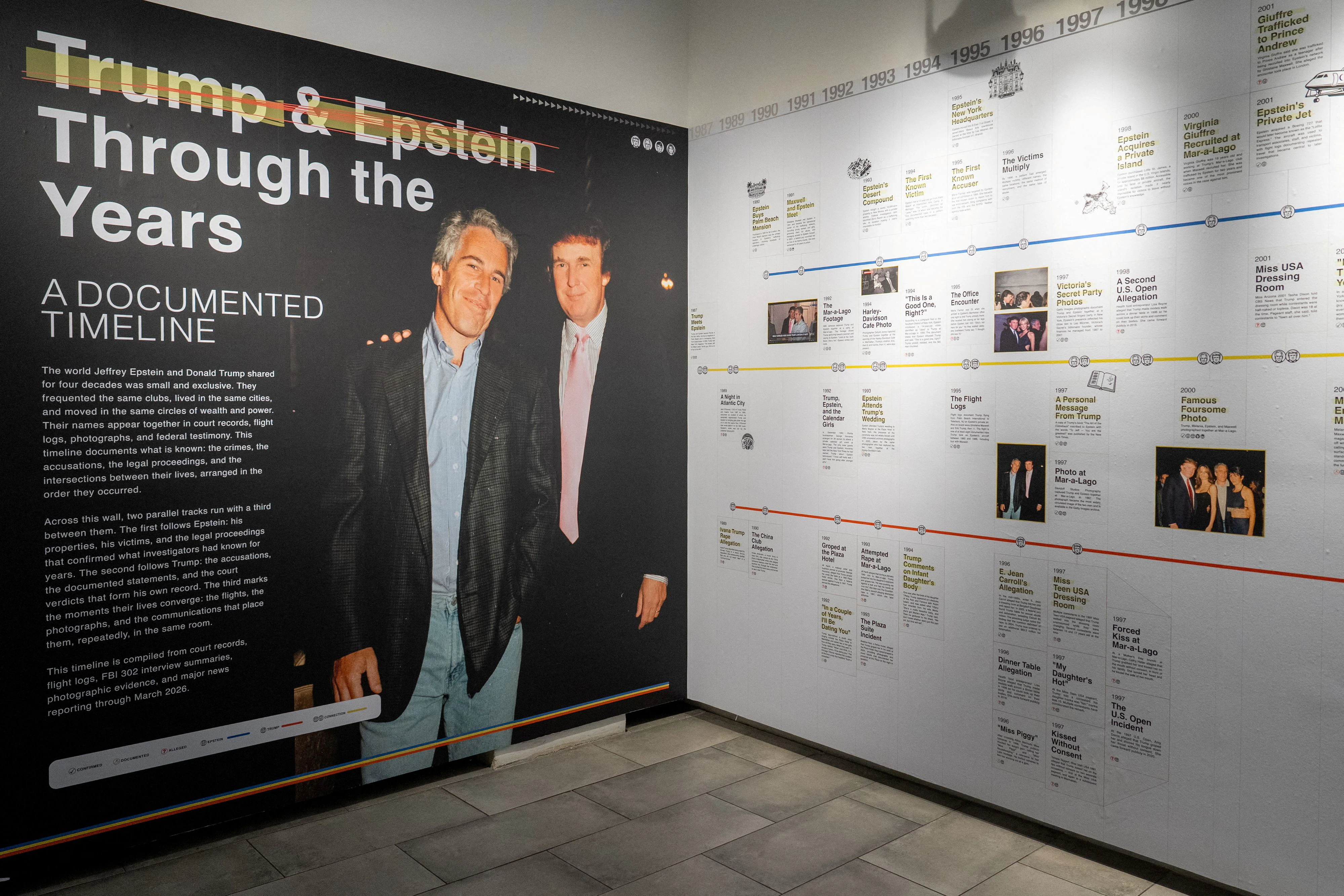Eine ausführliche Zeittafel im Projekt "Memorial Reading Room" in New York erzählt die jahrzehntelange Beziehung zwischen Jeffrey Epstein und Präsident Donald Trump nach