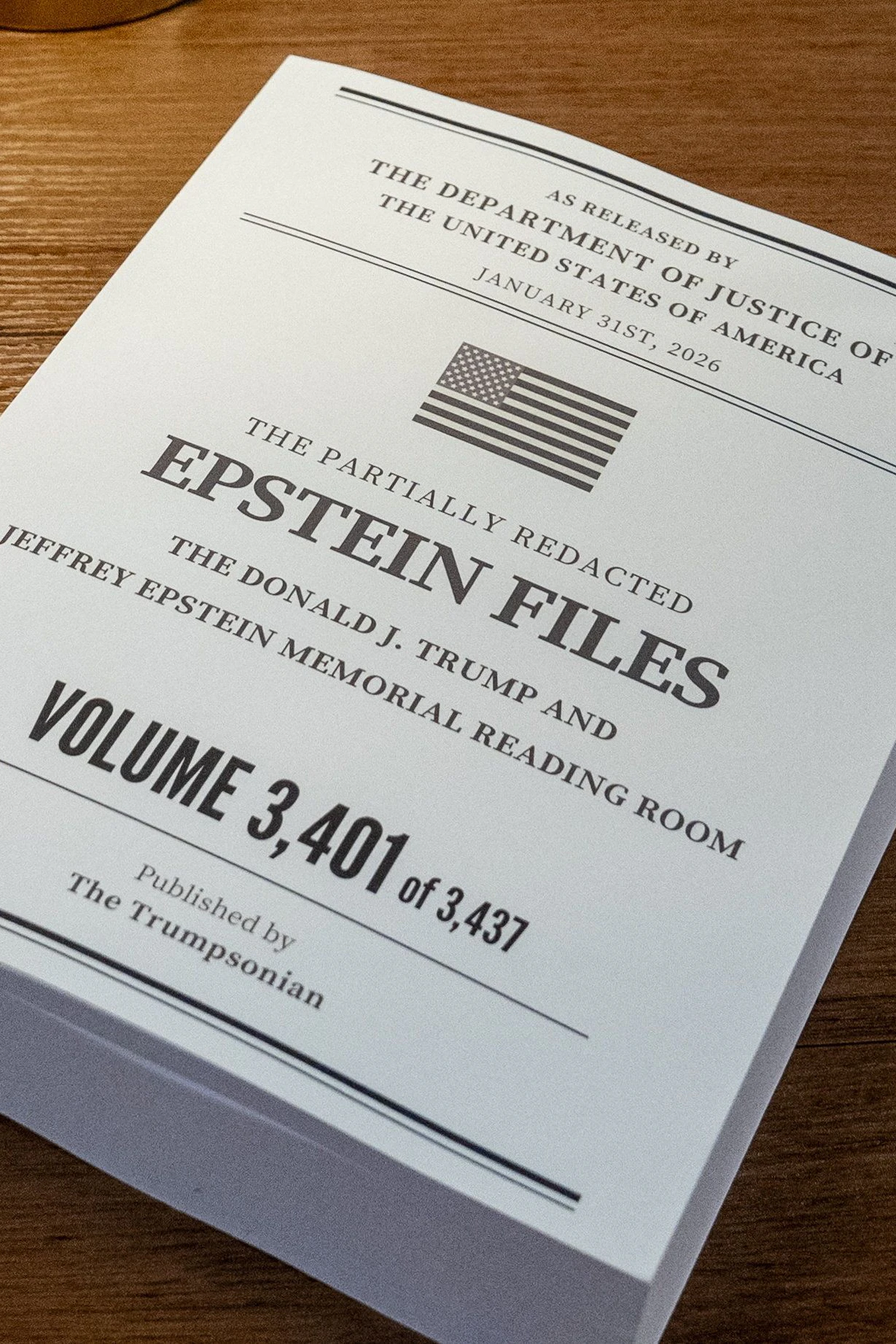 Alle veröffentlichten Seiten aus den Epstein-Akten wurden im Rahmen der Kunstinitiative <a target="_blank" rel="nofollow" href="https://trumpepsteinreadingroom.com/">"The Trump Epstein Reading Room"</a> in 3.437 Bänden abgedruckt und touren derzeit durch die USA