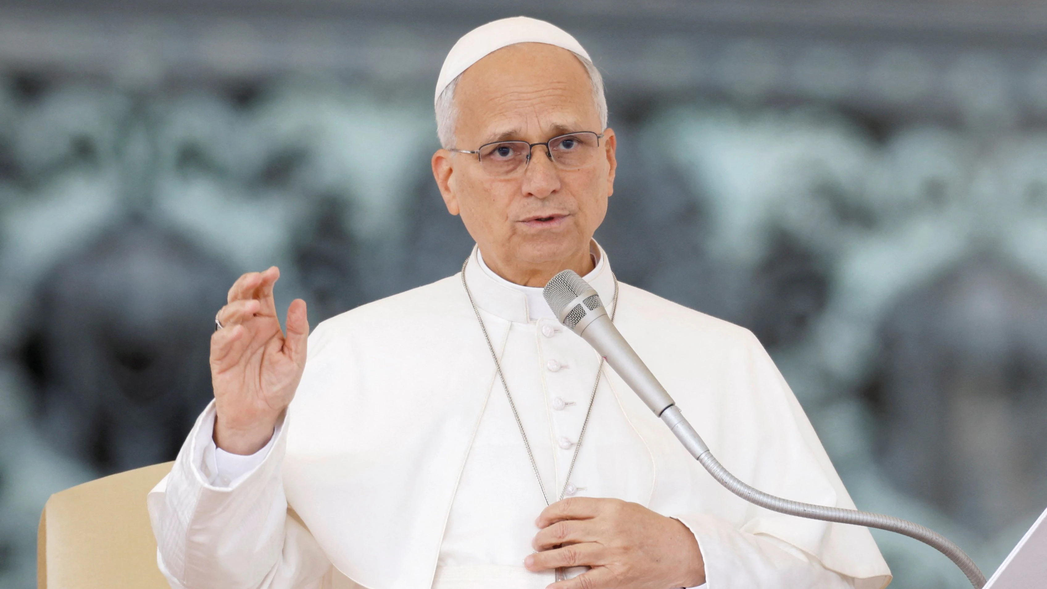 Pope Leo speaks during the weekly general audience in St. Peter's Square at the Vatican, October 28, 2026. REUTERS/Remo Casilli