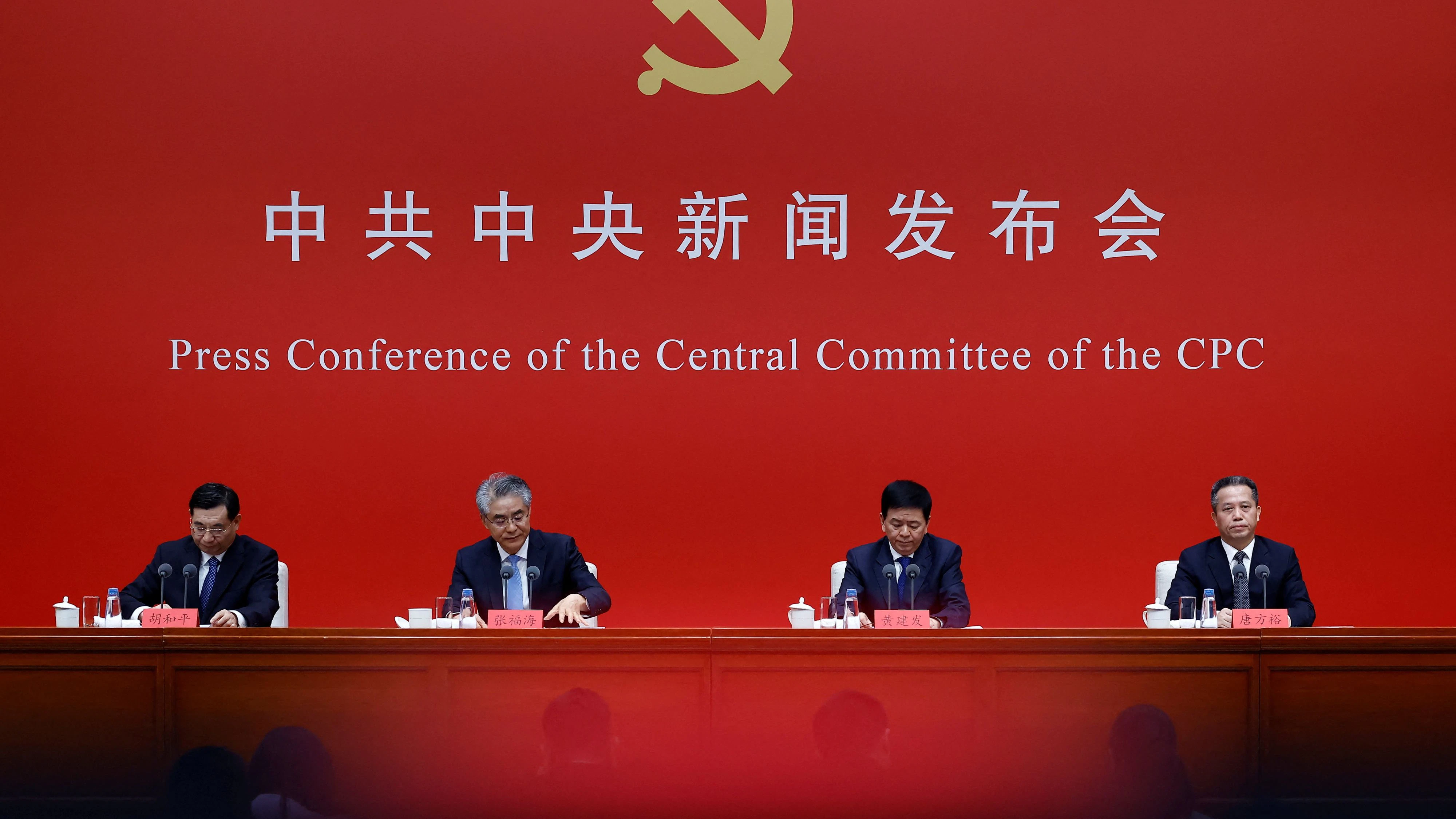 Zhang Fuhai, Deputy Secretary of the Central Commission for Discipline Inspection of the CPC, Huang Jianfa, Executive Vice Minister of the Organization Department of the CPC Central Committee, Hu Heping, Executive Vice Minister of the Publicity Department of the CPC Central Committee, and Tang Fangyu, Director of the Policy Research Office of the CPC Central Committee, hold a press conference following the fifth plenary session of the 20th CPC Central Committee in Beijing, China, October 30, 2026. REUTERS/Maxim Shemetov