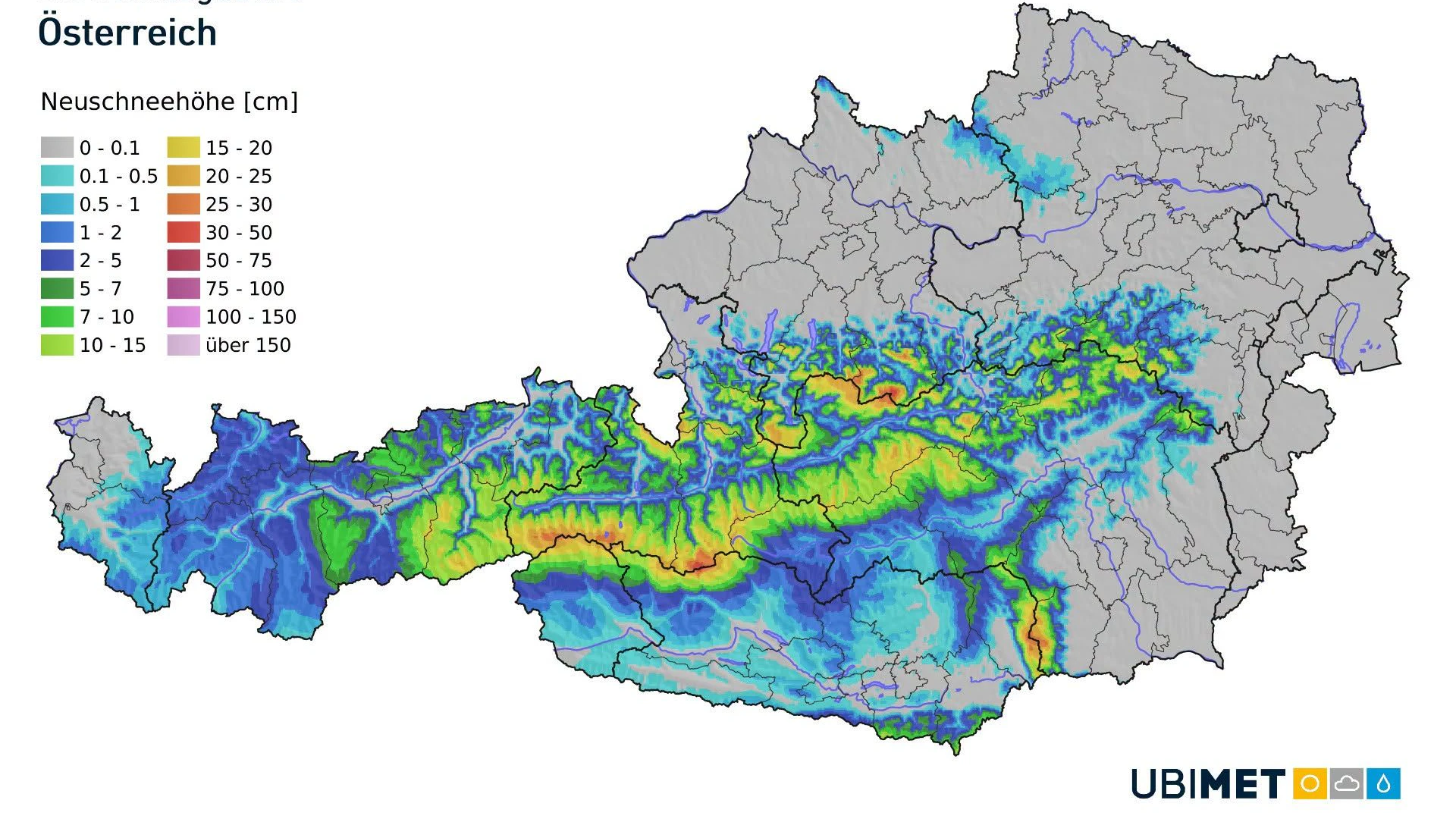 Aktuelle Schneekarte der UWZ: Kumulierte Neuschneehöhen bis Sonntagabend.